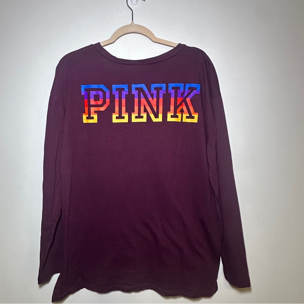 PINK Victorias Secret Long Sleeve V-Neck Campus Tee Burgundy with Rainbow Logo